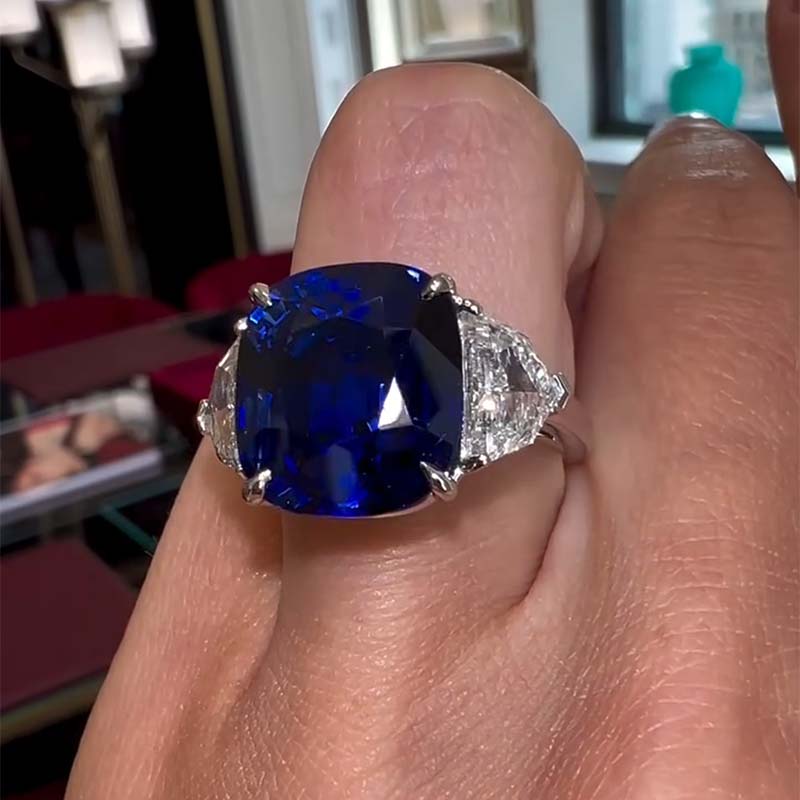 10ct Asscher Cut Blue Sapphire With Two Side Stones Sterling Silver Ring