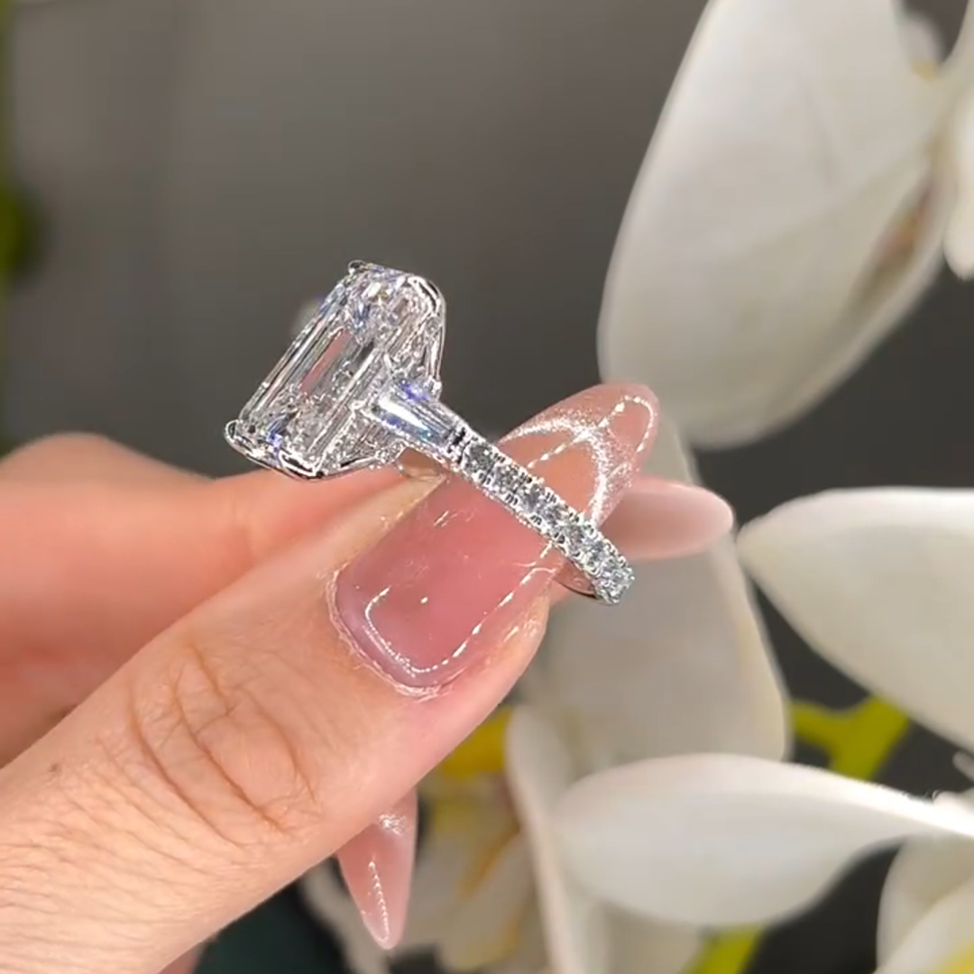 3.5ct Emerald Cut White Gemstone Handmade Sterling Silver Engagement Ring