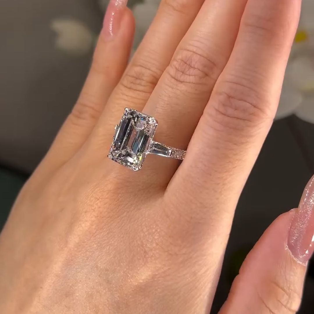 3.5ct Emerald Cut White Gemstone Handmade Sterling Silver Engagement Ring