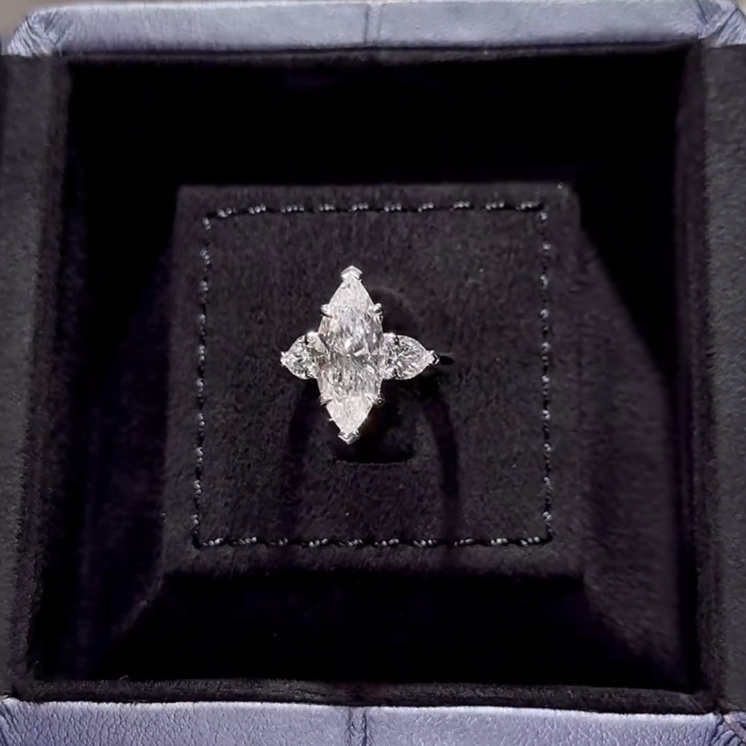 3ct Marquise Cut White Sapphire With Heart Shaped Side Stone Sterling Silver Engagement Ring