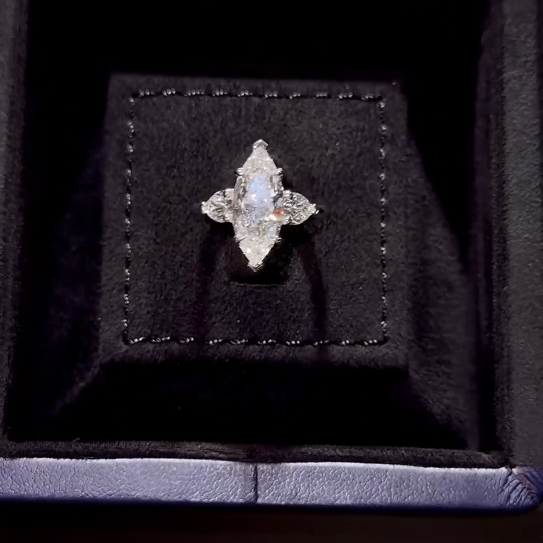 3ct Marquise Cut White Sapphire With Heart Shaped Side Stone Sterling Silver Engagement Ring