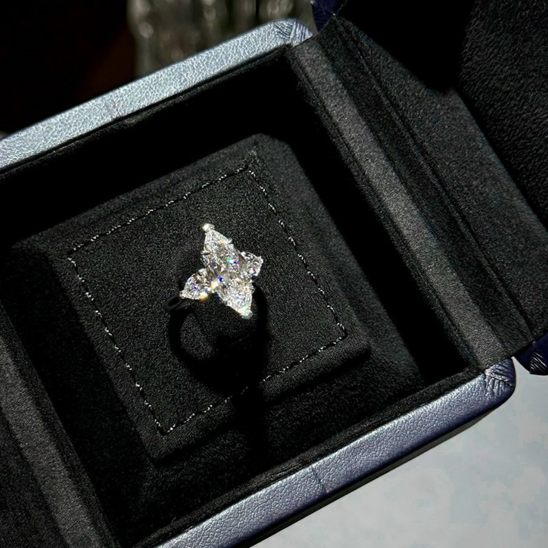 3ct Marquise Cut White Sapphire With Heart Shaped Side Stone Sterling Silver Engagement Ring