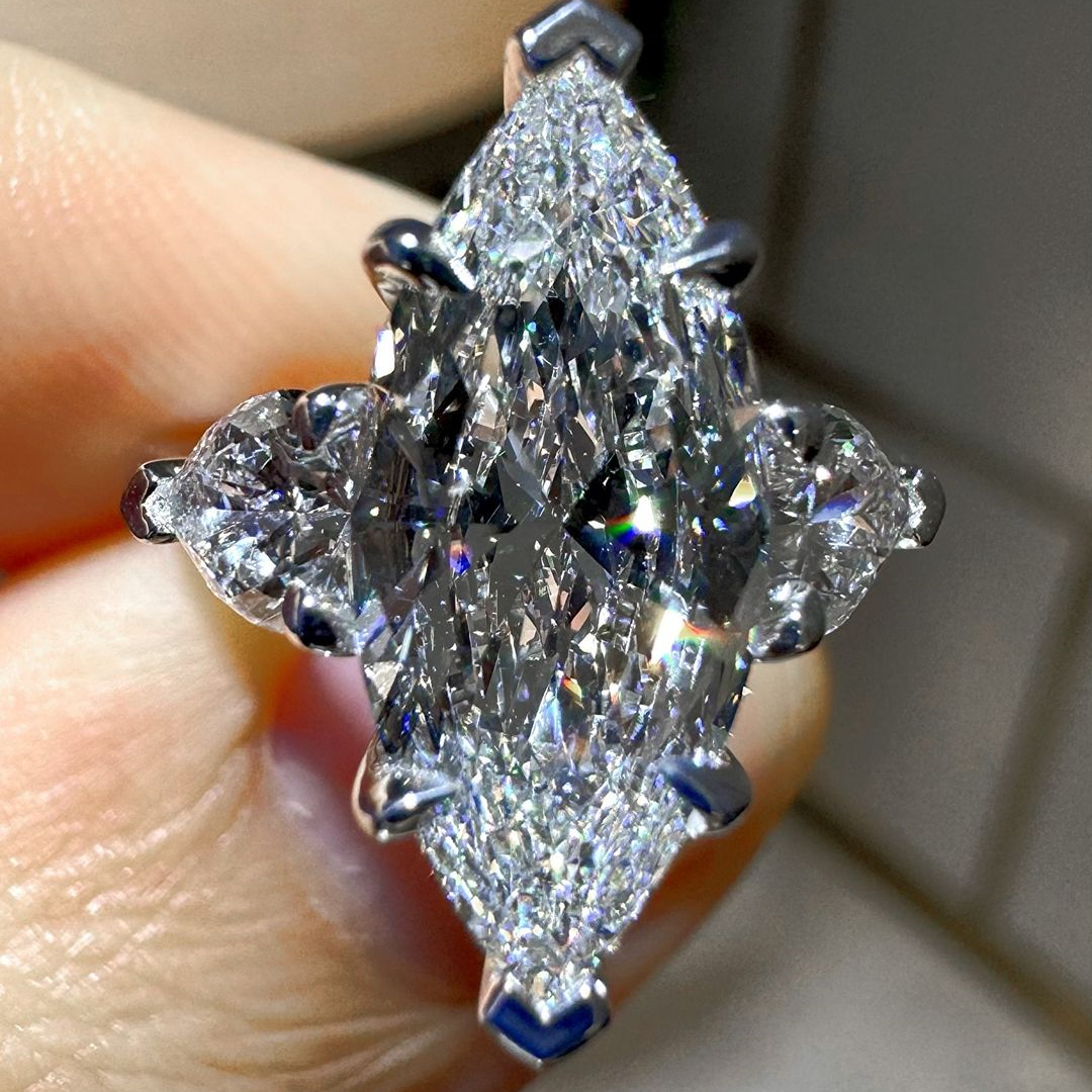 3ct Marquise Cut White Sapphire With Heart Shaped Side Stone Sterling Silver Engagement Ring