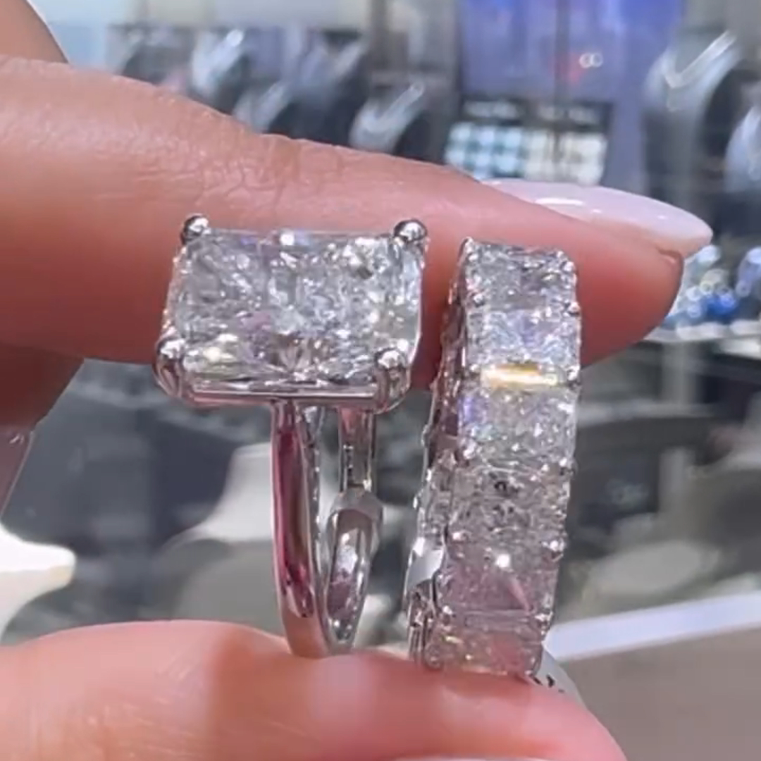 8ct Princess Cut White Diamond Luxury Handmade Sterling Silver Wedding Ring Set