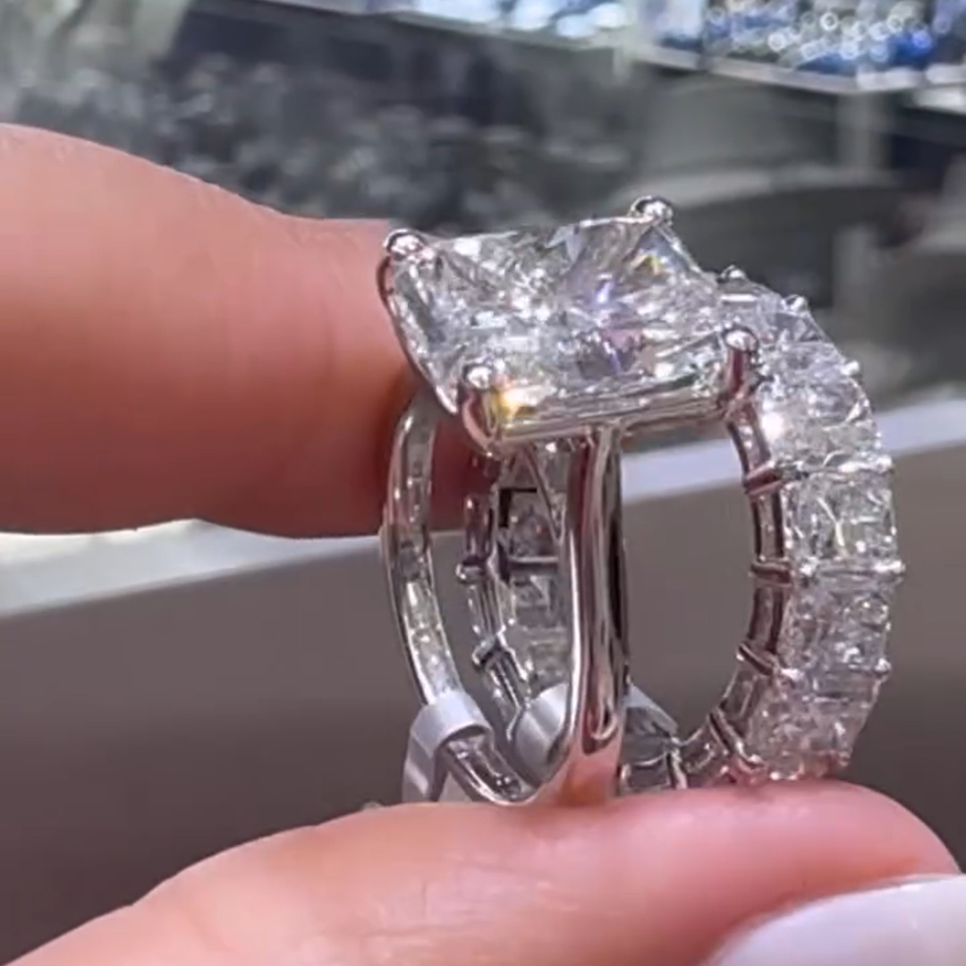 8ct Princess Cut White Diamond Luxury Handmade Sterling Silver Wedding Ring Set