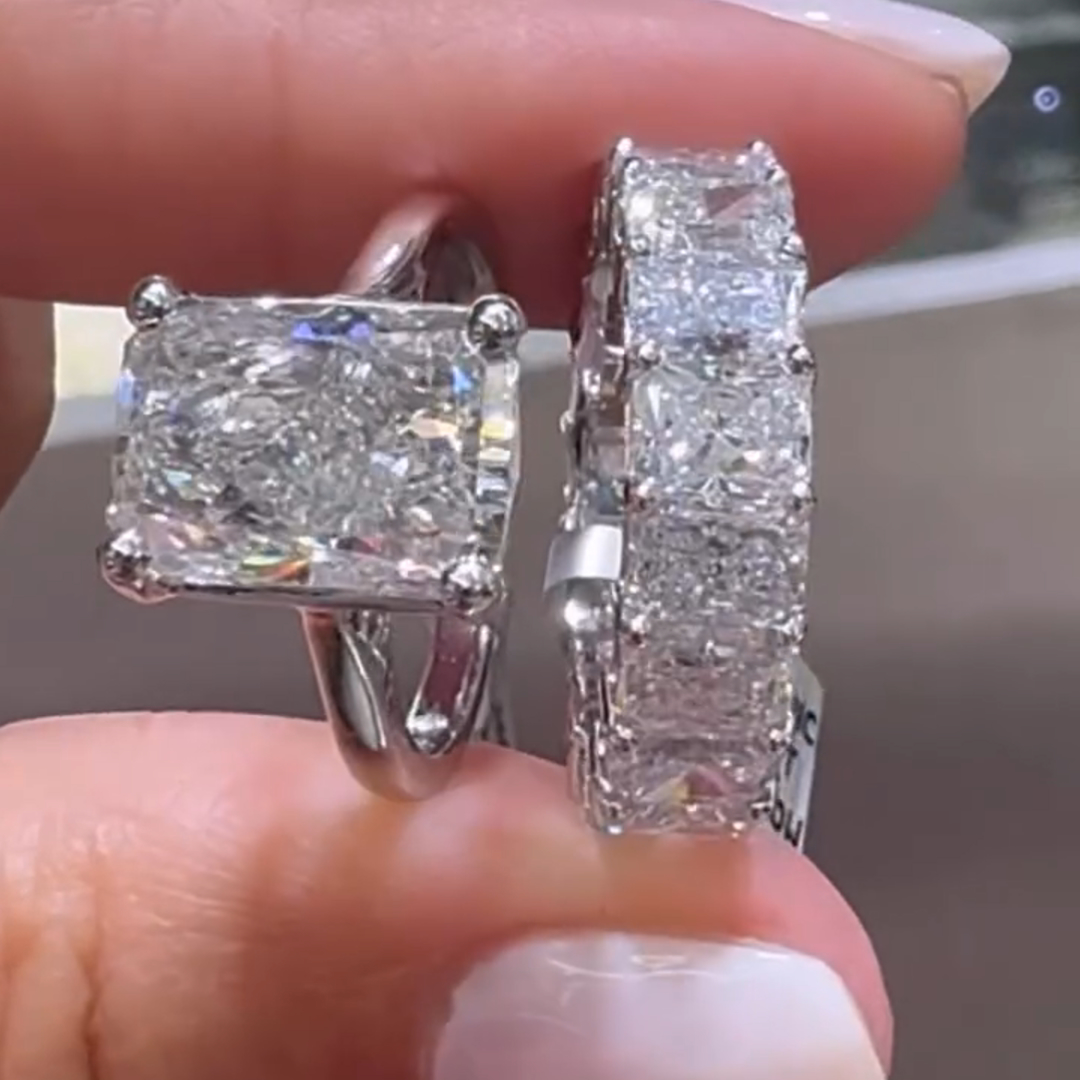 8ct Princess Cut White Diamond Luxury Handmade Sterling Silver Wedding Ring Set