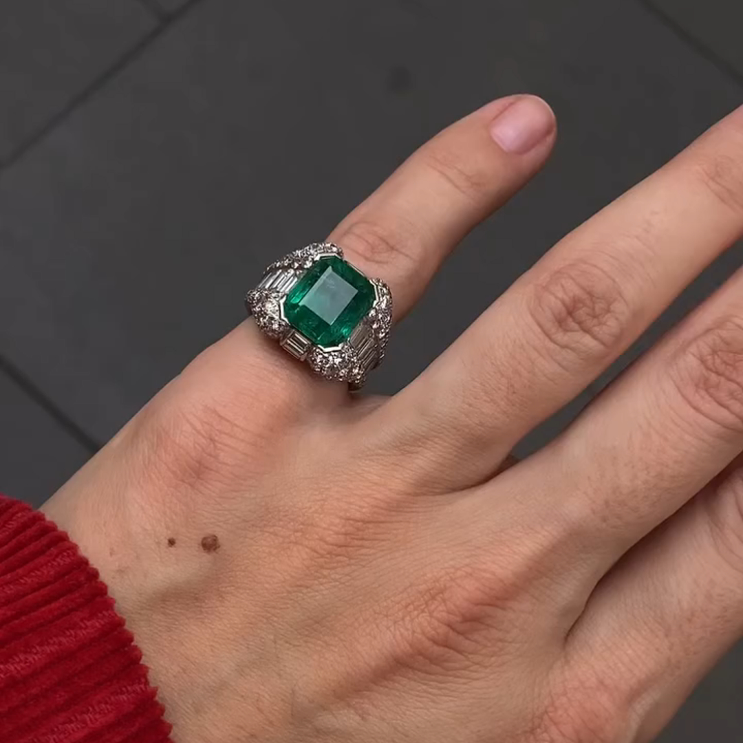 12ct Emerald Cut Green Diamond Sterling Silver Handmade Men's Ring