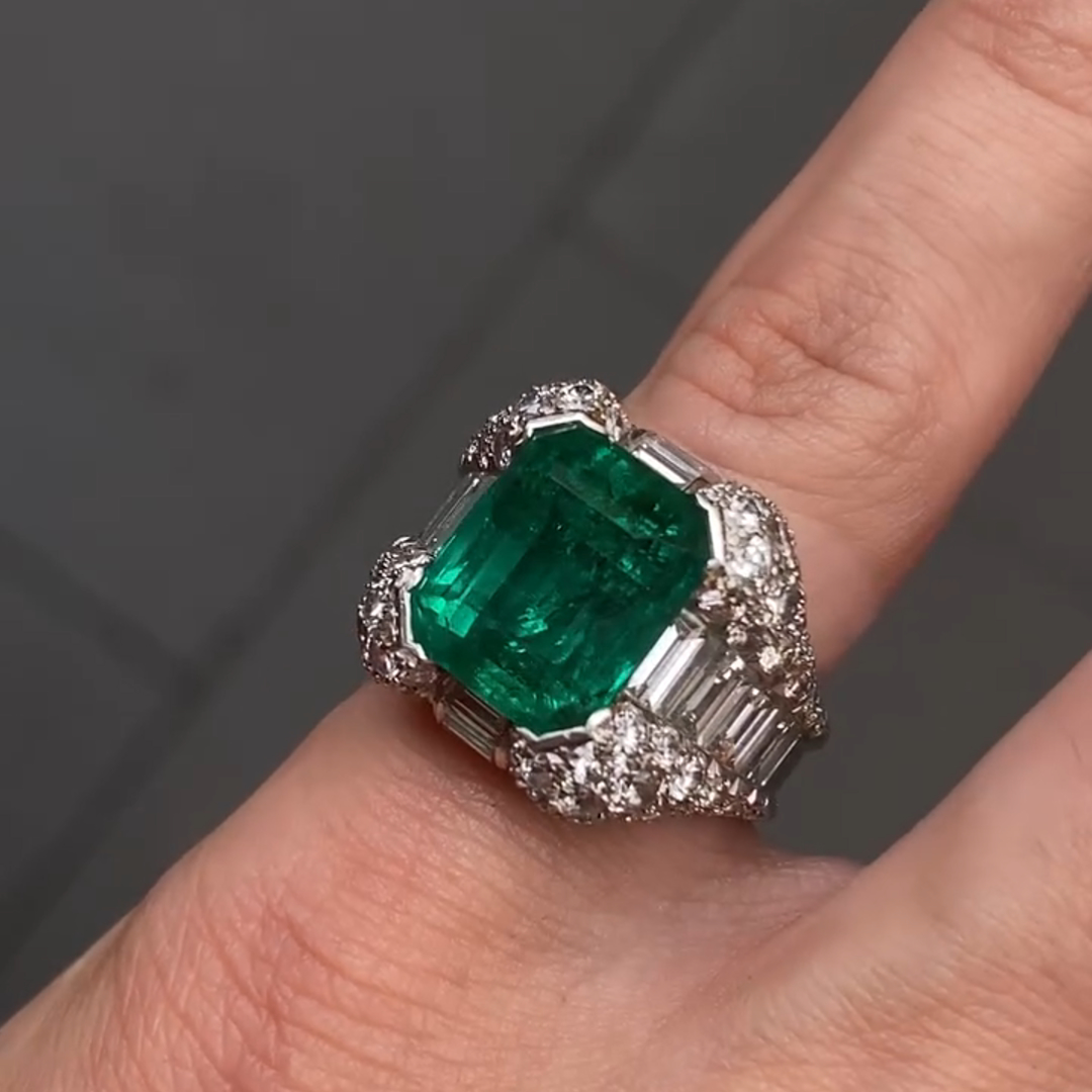12ct Emerald Cut Green Diamond Sterling Silver Handmade Men's Ring