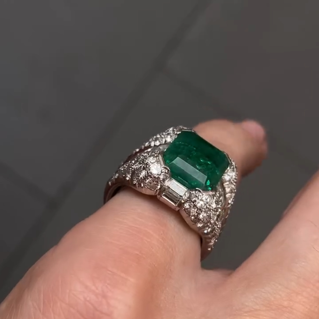 12ct Emerald Cut Green Diamond Sterling Silver Handmade Men's Ring