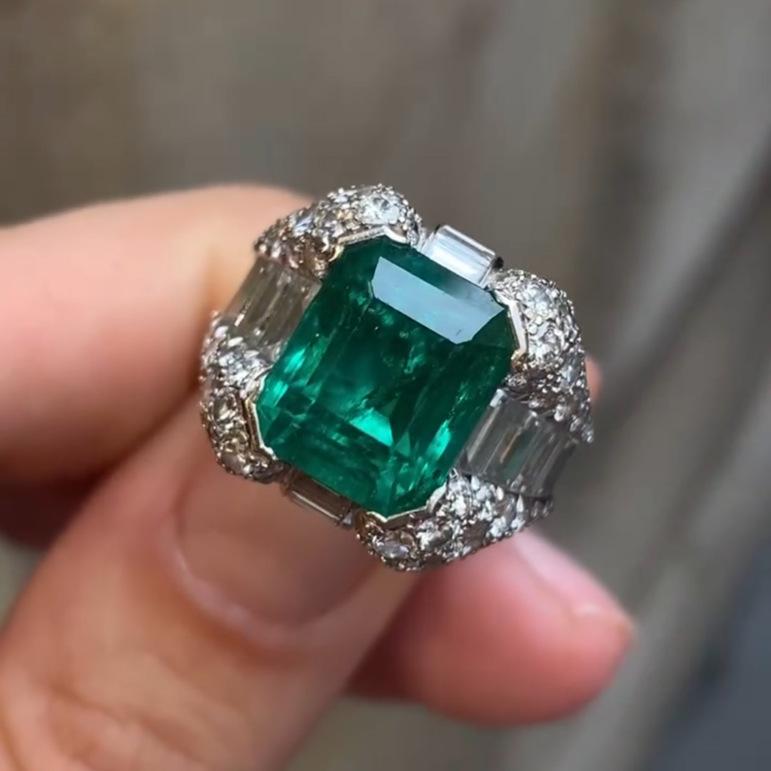 12ct Emerald Cut Green Diamond Sterling Silver Handmade Men's Ring