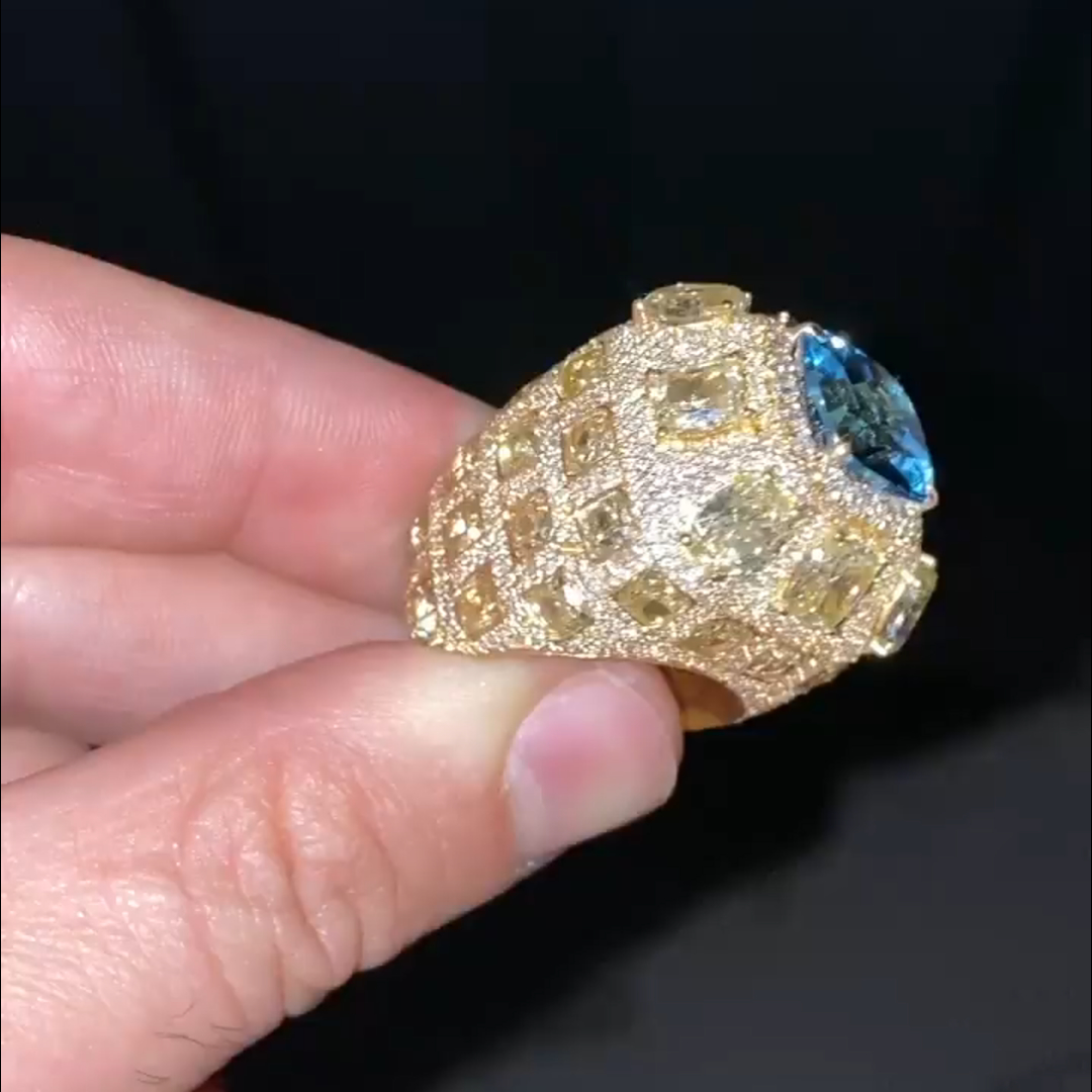 10ct cushion cut sapphire and yellow Zircon inlay luxury sterling silver plated yellow gold Zircon men's ring