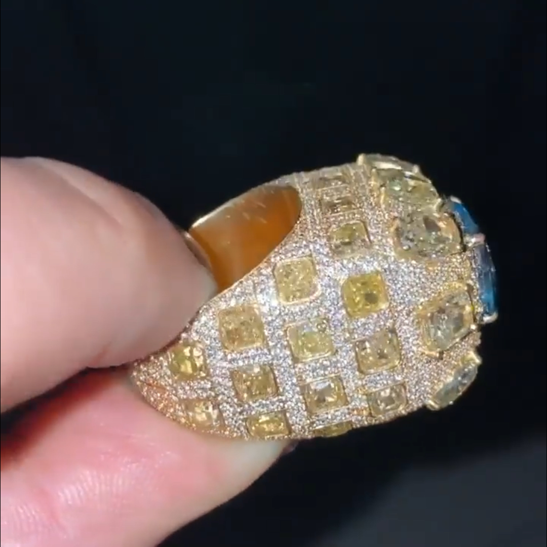 10ct cushion cut sapphire and yellow Zircon inlay luxury sterling silver plated yellow gold Zircon men's ring