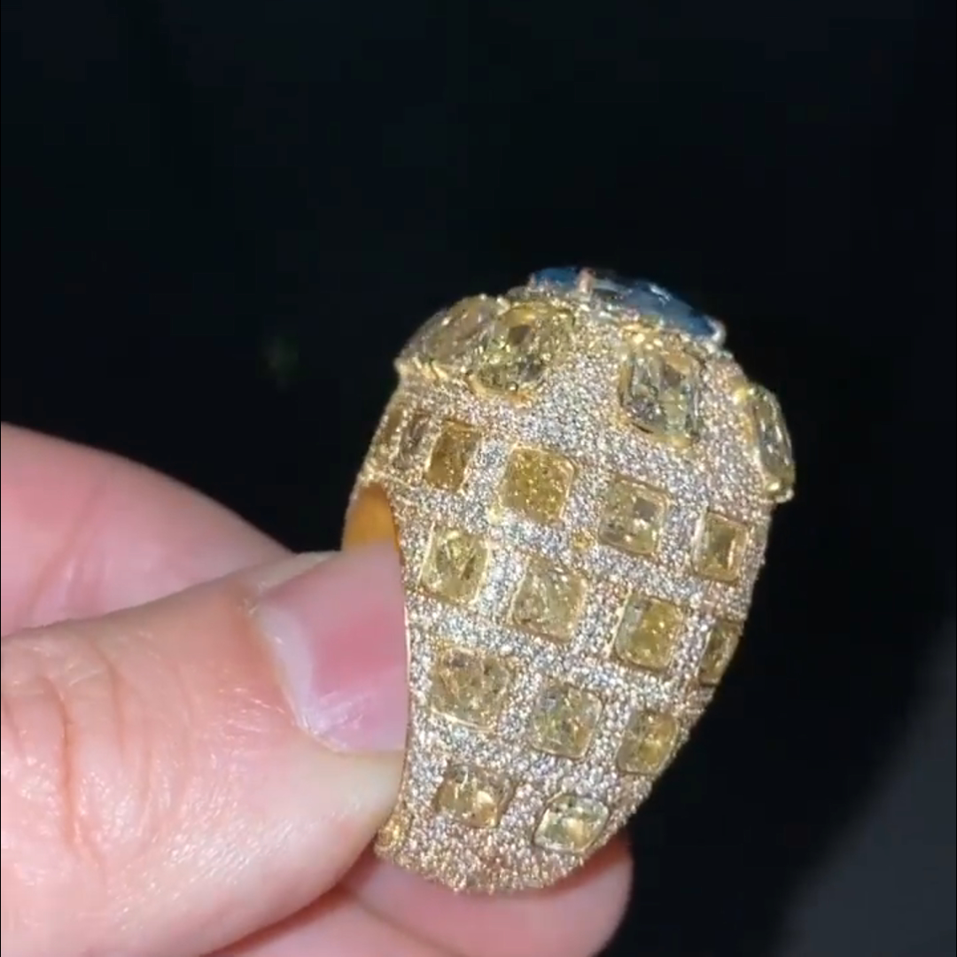 10ct cushion cut sapphire and yellow Zircon inlay luxury sterling silver plated yellow gold Zircon men's ring