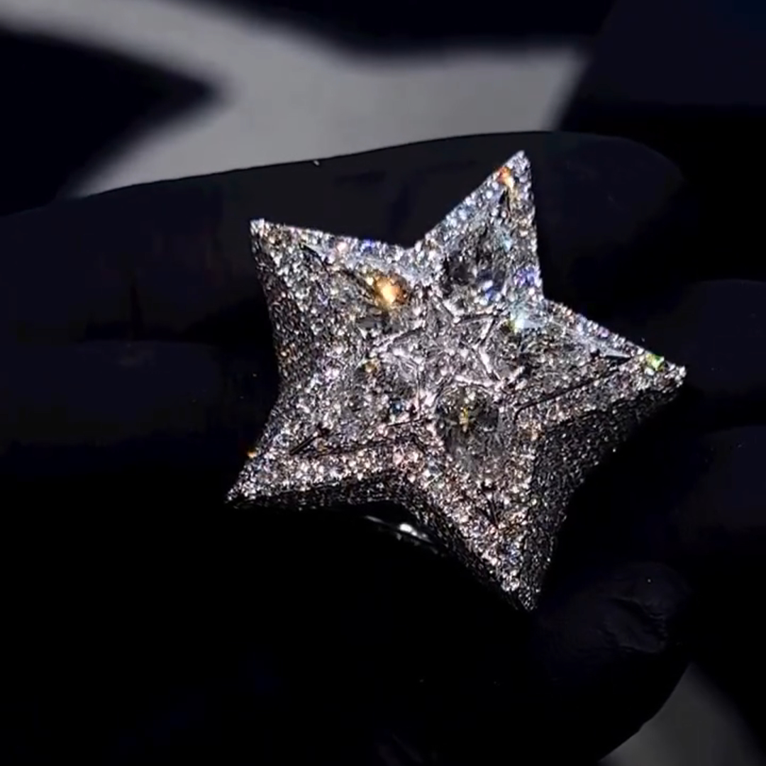 23ct pear-shaped diamond inlaid luxury sterling silver five-pointed star shape handmade men's ring