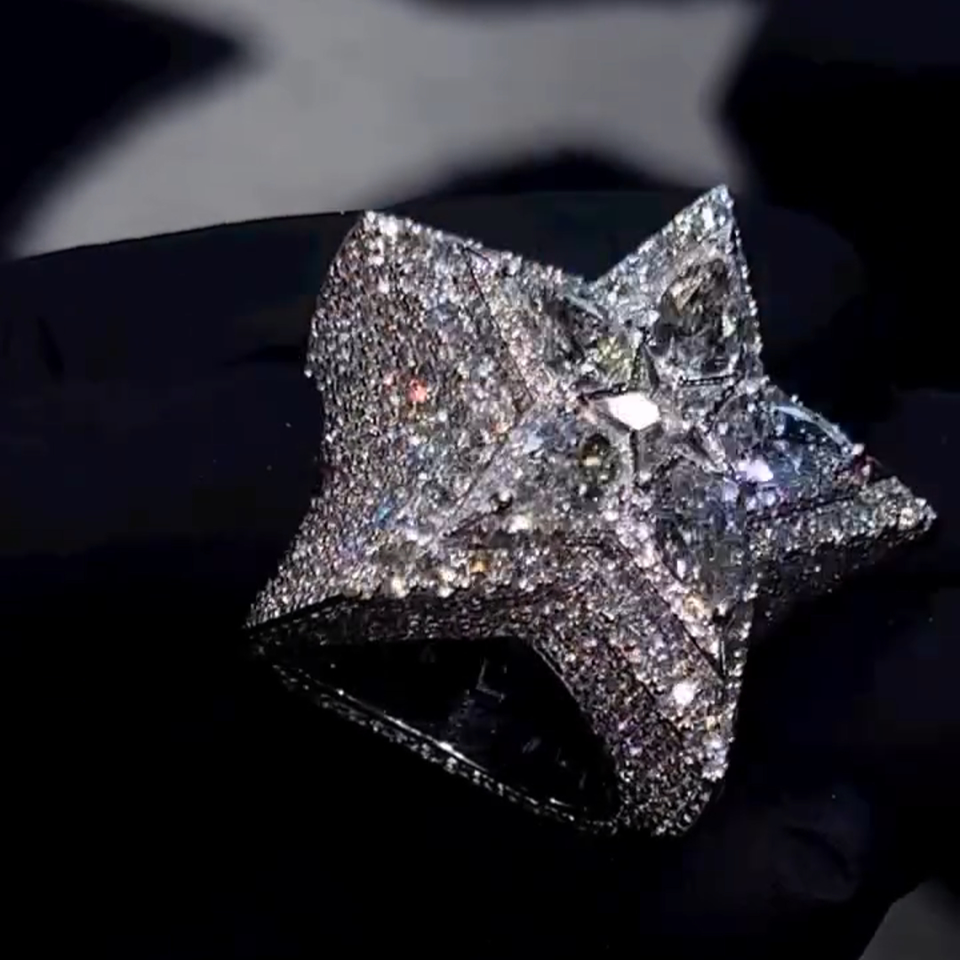 23ct pear-shaped diamond inlaid luxury sterling silver five-pointed star shape handmade men's ring