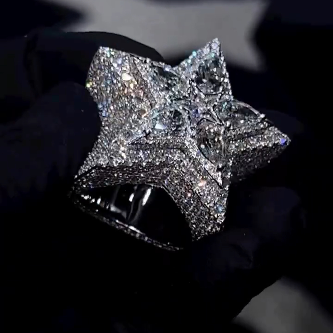 23ct pear-shaped diamond inlaid luxury sterling silver five-pointed star shape handmade men's ring