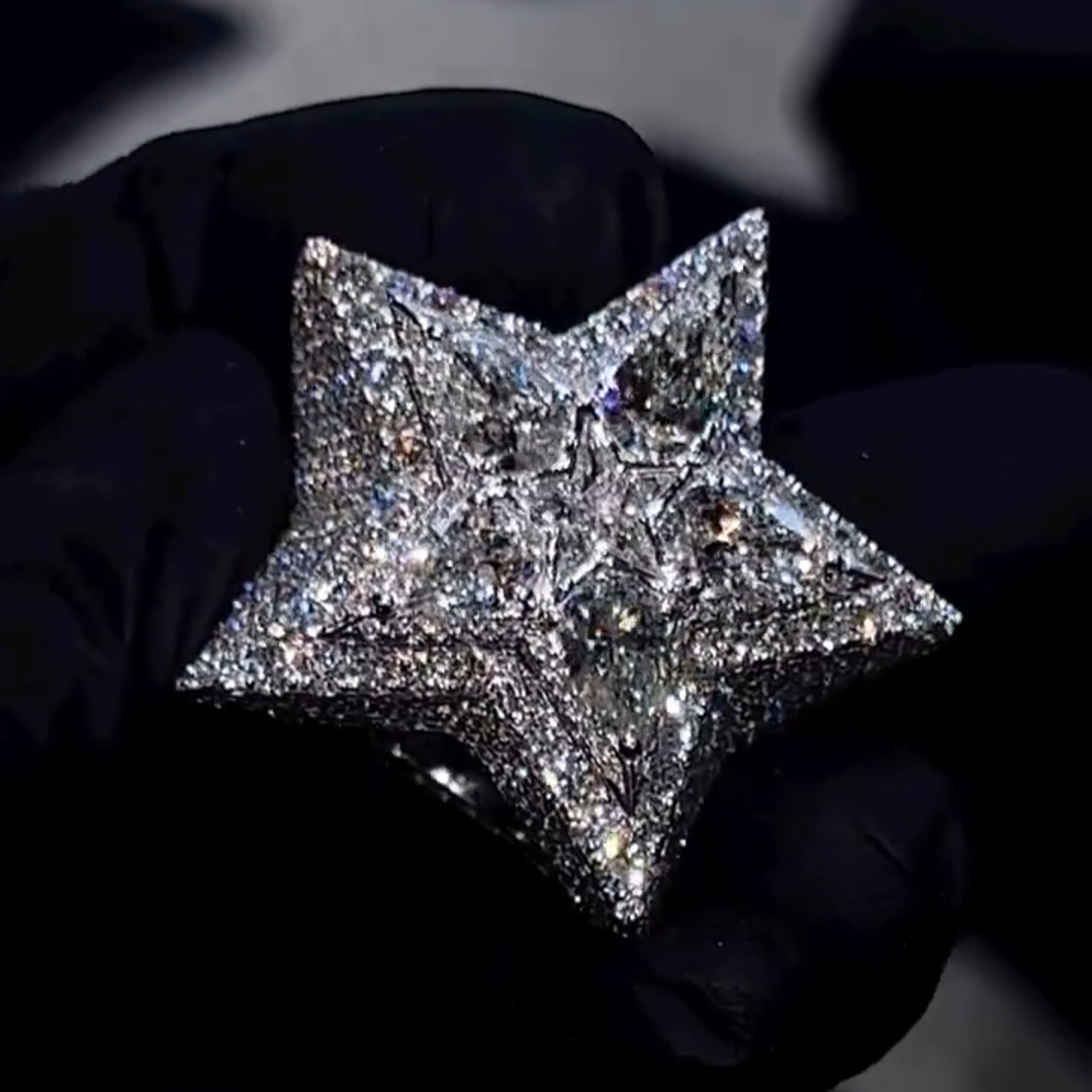 23ct pear-shaped diamond inlaid luxury sterling silver five-pointed star shape handmade men's ring