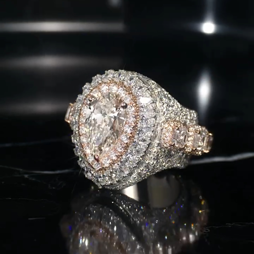 18ct Pear Cut Pink And White Zircon Sterling Silver Plated Rose Gold Handmade Luxury Men's Ring