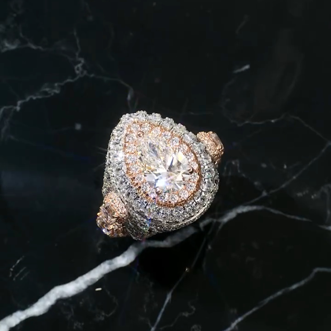 18ct Pear Cut Pink And White Zircon Sterling Silver Plated Rose Gold Handmade Luxury Men's Ring