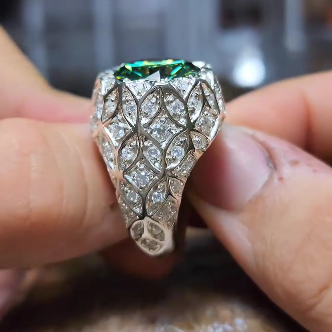 26ct Cushion Cut Emerald Sterling Silver Handmade Luxury Men's Ring