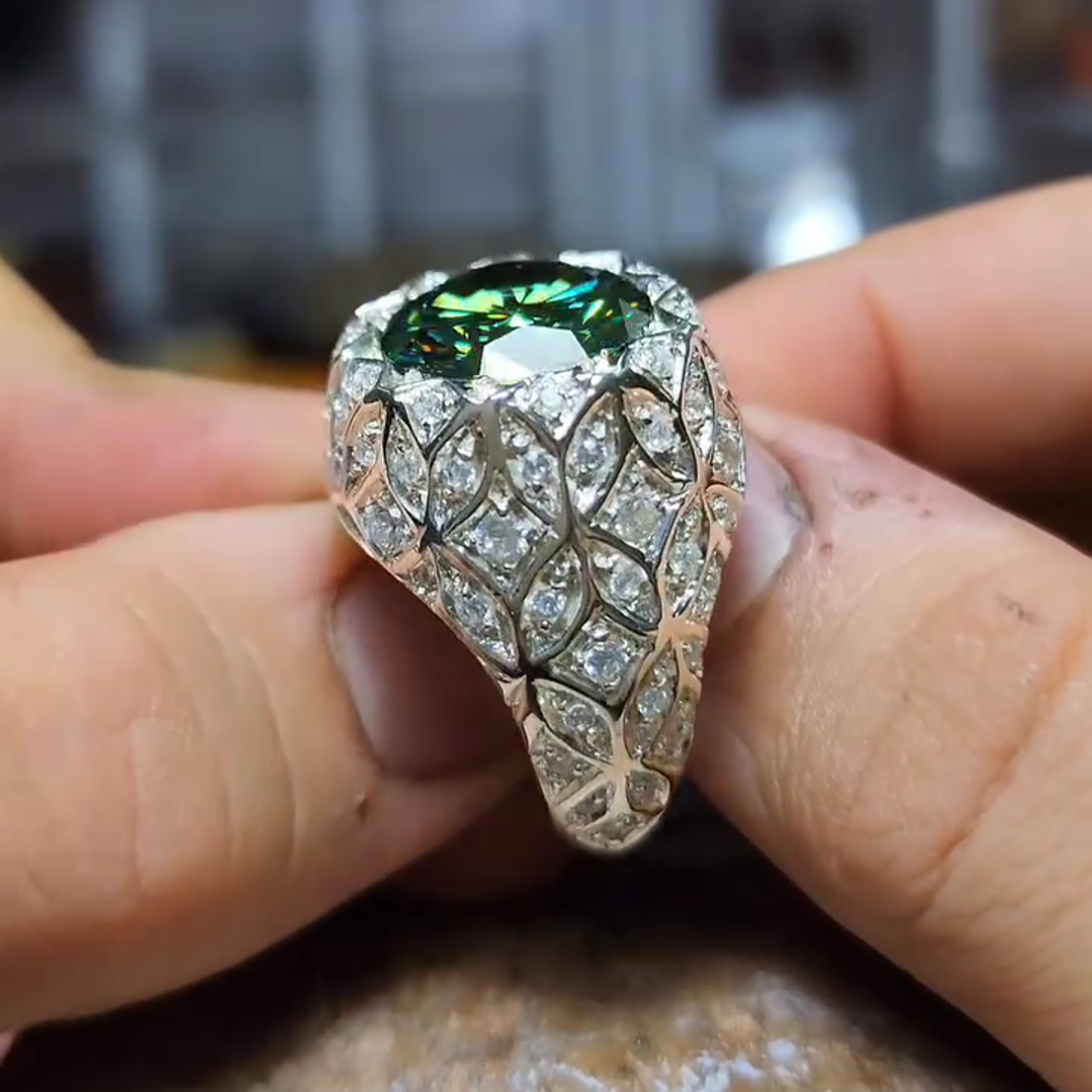 26ct Cushion Cut Emerald Sterling Silver Handmade Luxury Men's Ring