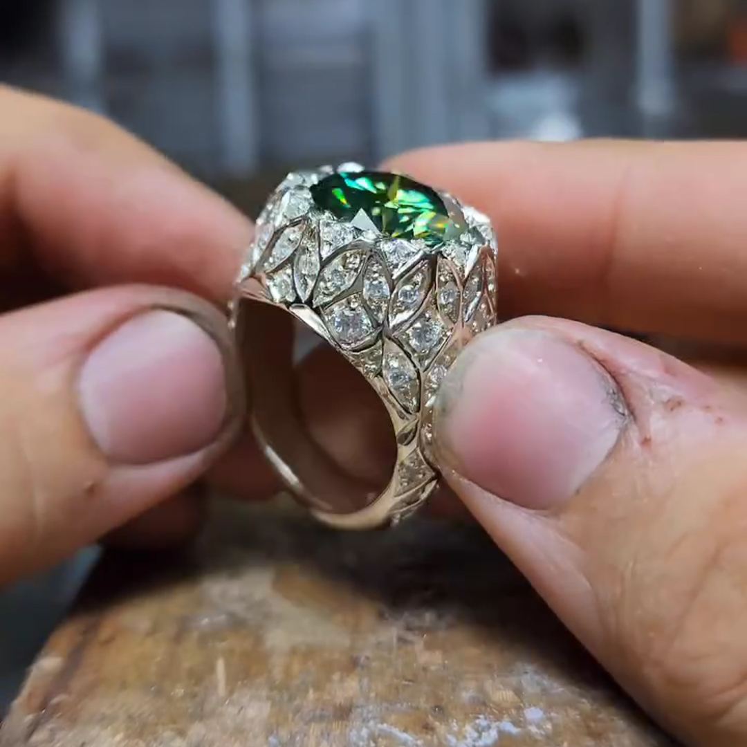 26ct Cushion Cut Emerald Sterling Silver Handmade Luxury Men's Ring