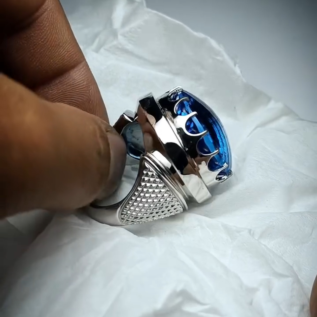 26ct Cushion Cut Sapphire Sterling Silver Handmade Luxury Men's Ring