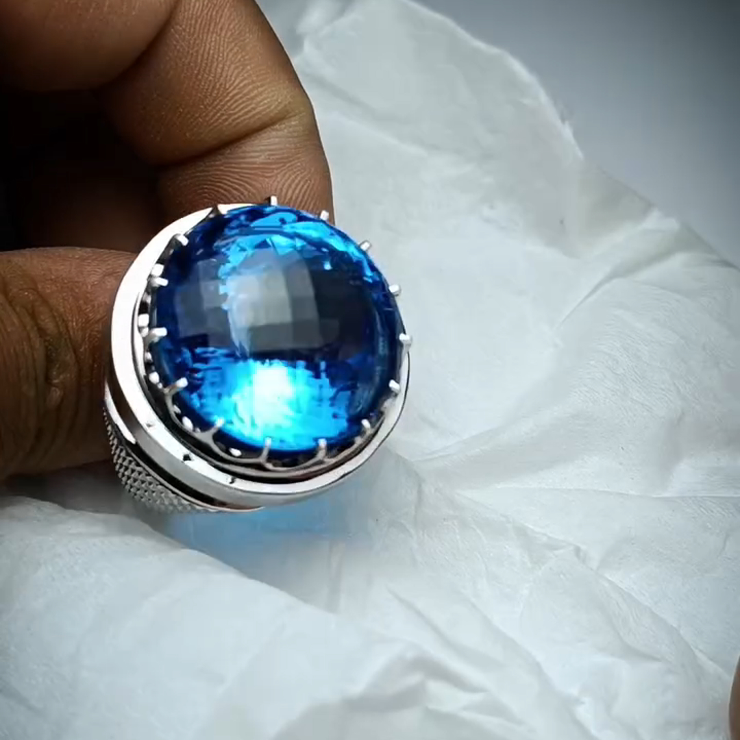 26ct Cushion Cut Sapphire Sterling Silver Handmade Luxury Men's Ring