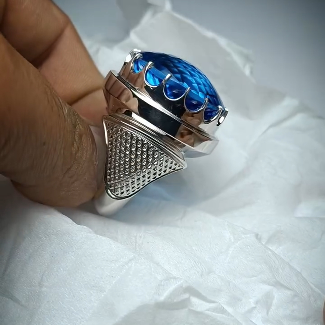 26ct Cushion Cut Sapphire Sterling Silver Handmade Luxury Men's Ring