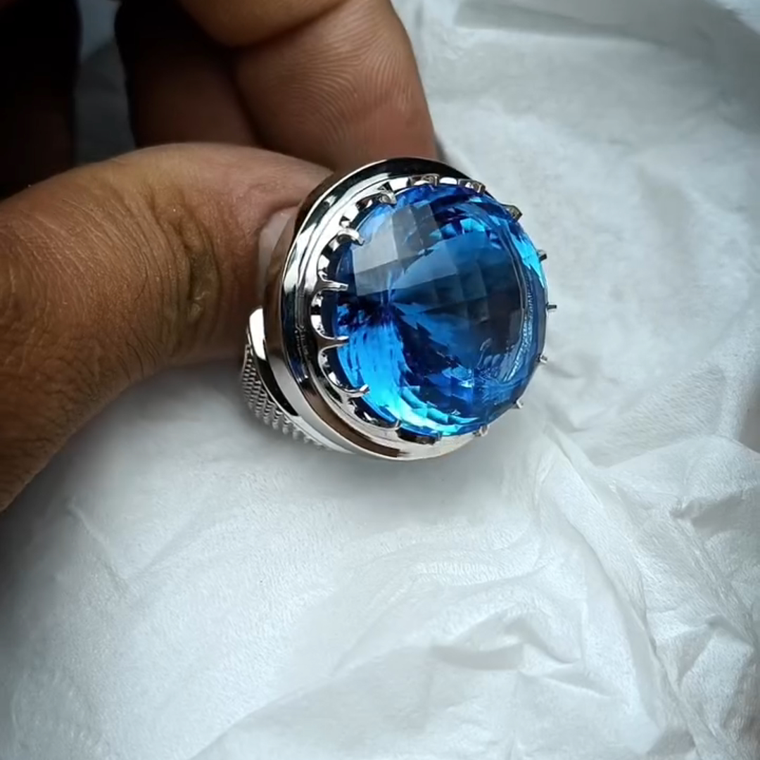 26ct Cushion Cut Sapphire Sterling Silver Handmade Luxury Men's Ring