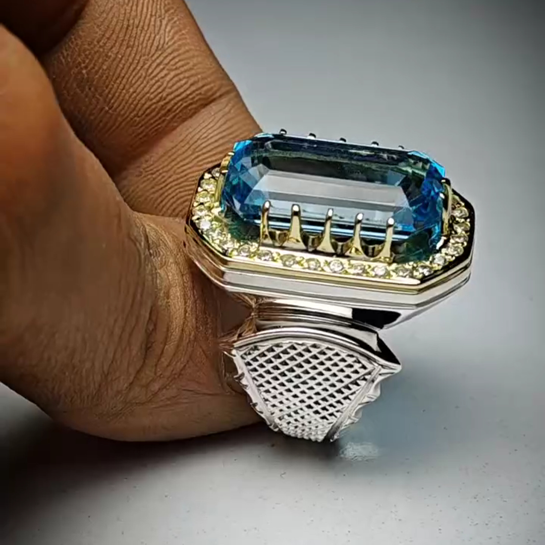 26ct Cushion Cut Sapphire Sterling Silver Handmade Luxury Men's Ring