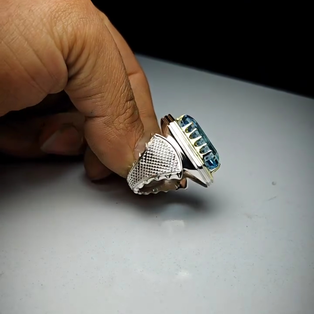 26ct Cushion Cut Sapphire Sterling Silver Handmade Luxury Men's Ring