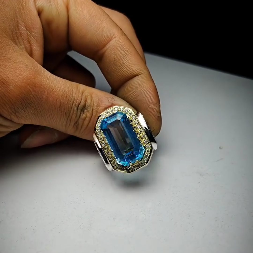 26ct Cushion Cut Sapphire Sterling Silver Handmade Luxury Men's Ring