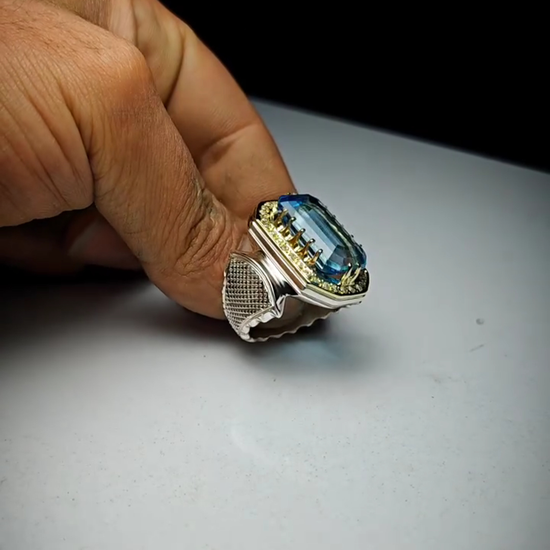 26ct Cushion Cut Sapphire Sterling Silver Handmade Luxury Men's Ring