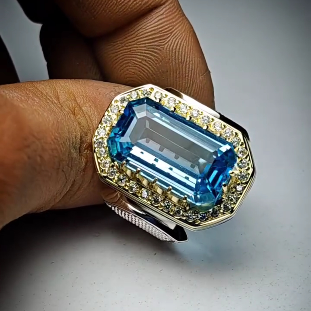 26ct Cushion Cut Sapphire Sterling Silver Handmade Luxury Men's Ring