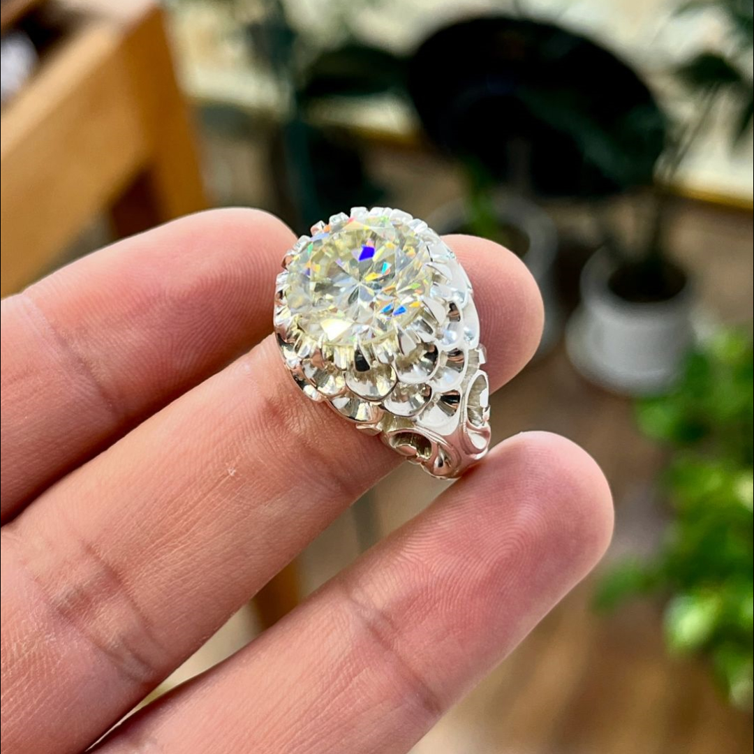 8ct Round Cut Diamond Hand-carved Sterling Silver Men's Ring