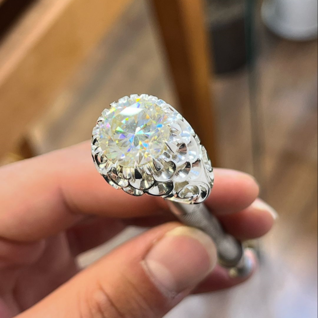 8ct Round Cut Diamond Hand-carved Sterling Silver Men's Ring