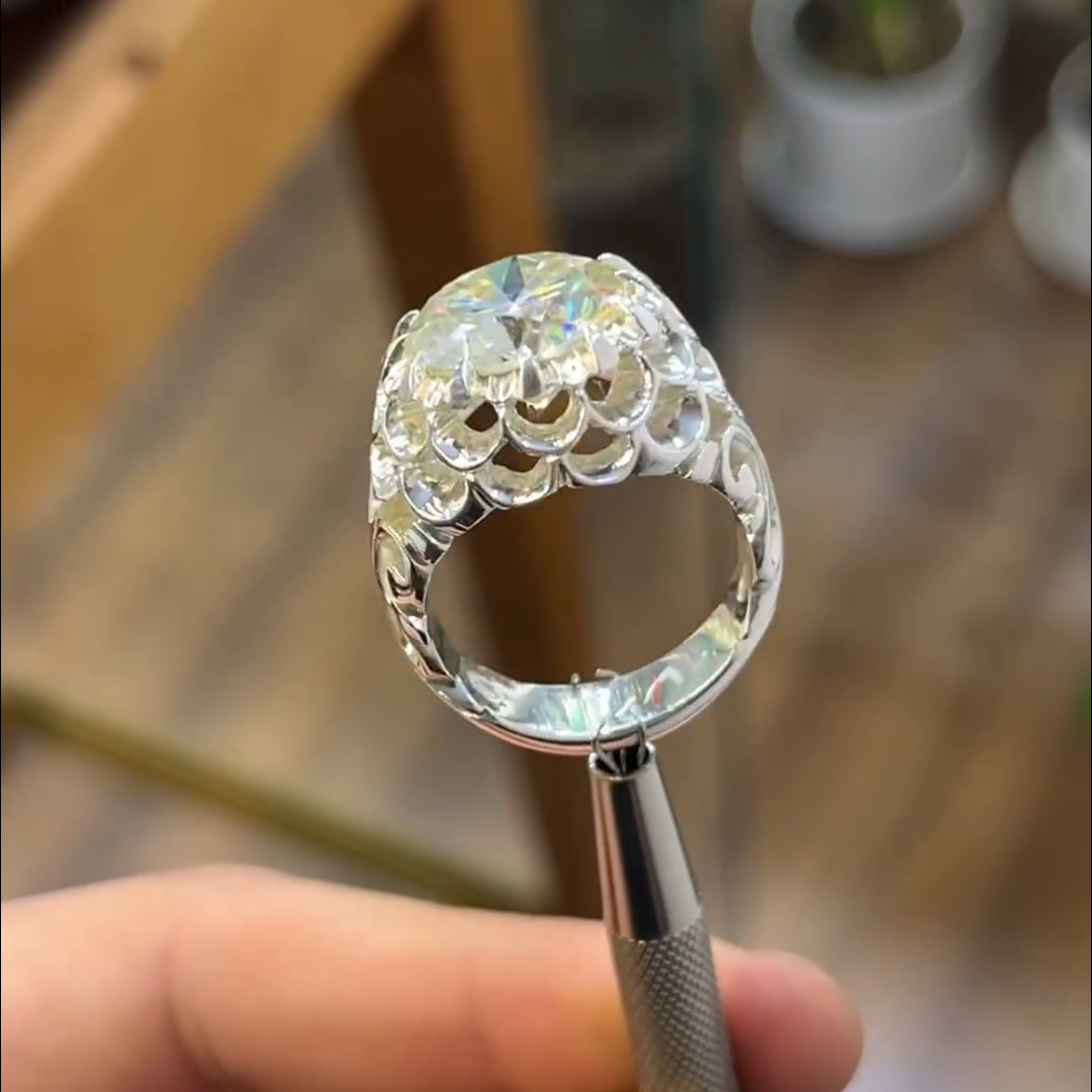 8ct Round Cut Diamond Hand-carved Sterling Silver Men's Ring