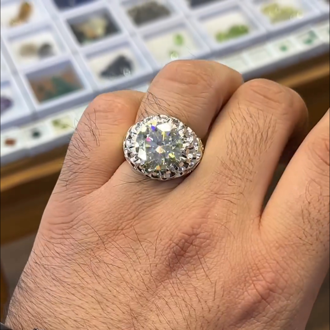 8ct Round Cut Diamond Hand-carved Sterling Silver Men's Ring