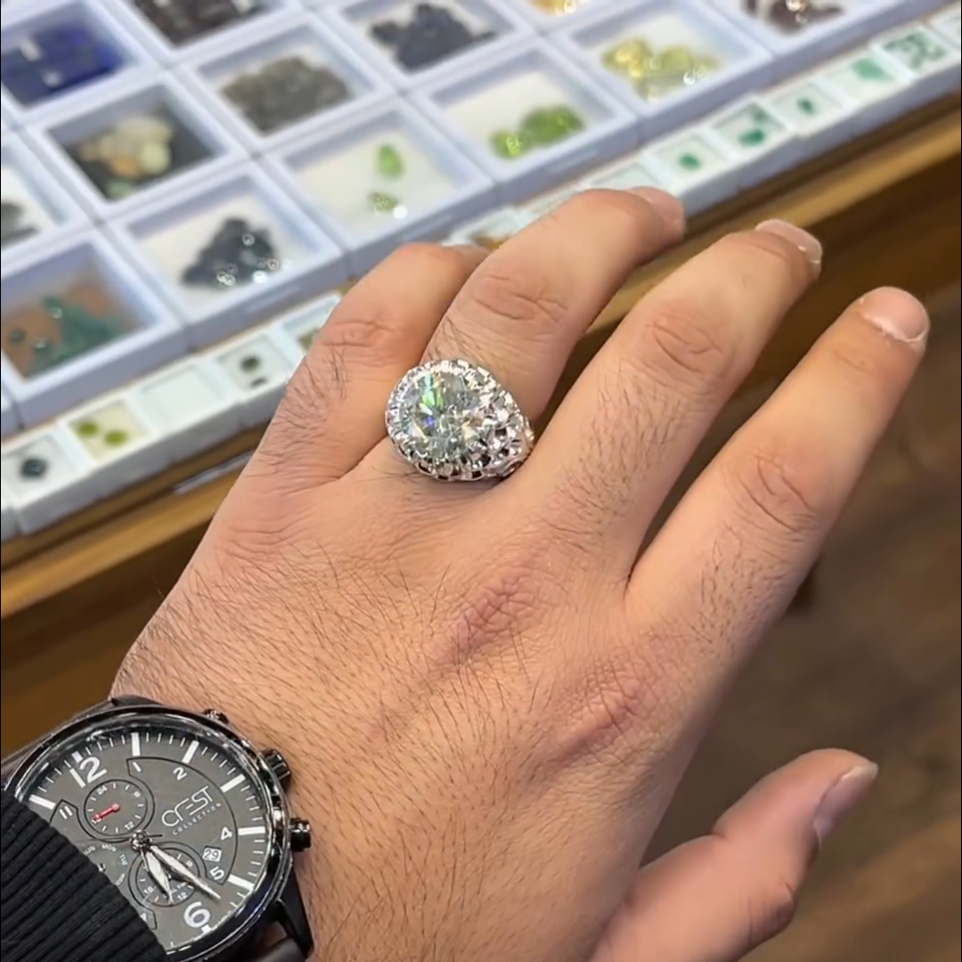 8ct Round Cut Diamond Hand-carved Sterling Silver Men's Ring