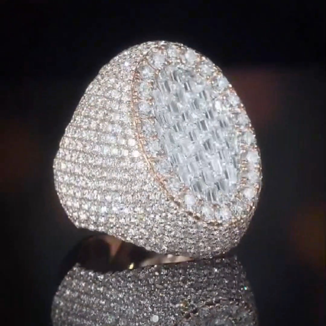 18ct Round Cut Diamond Luxury Sterling Silver And Sterling Silver Plated Yellow Gold Handmade Men's Ring