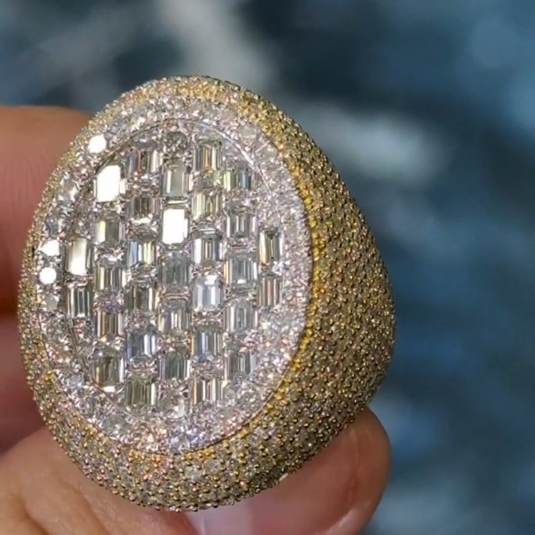 18ct Round Cut Diamond Luxury Sterling Silver And Sterling Silver Plated Yellow Gold Handmade Men's Ring