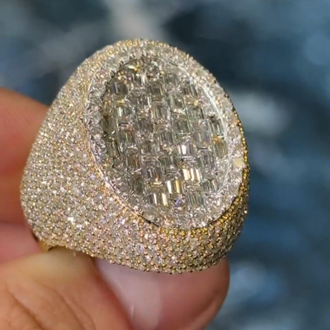 18ct Round Cut Diamond Luxury Sterling Silver And Sterling Silver Plated Yellow Gold Handmade Men's Ring