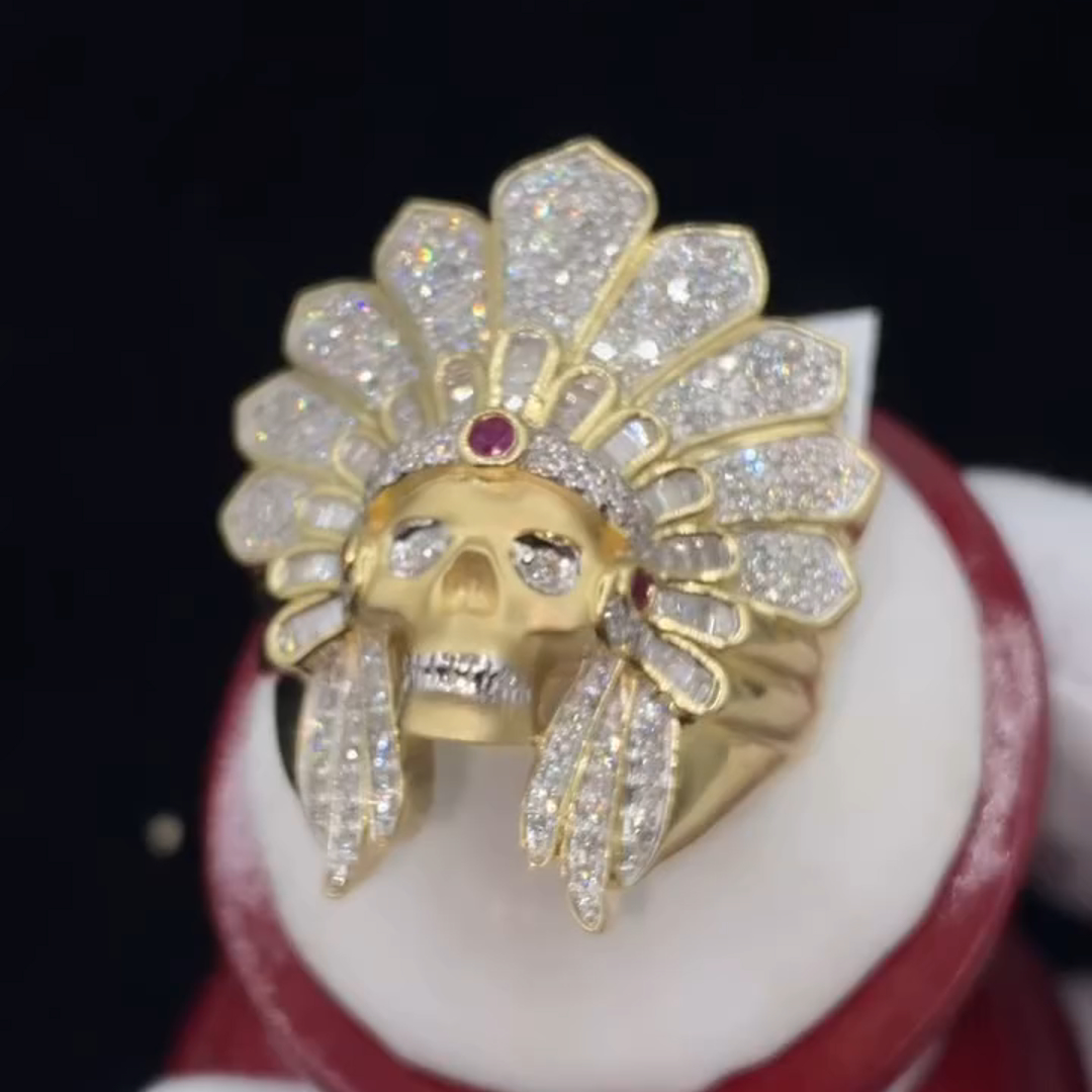 26ct Round Cut Diamond Luxury Skull Chief Design Style Sterling Silver Plated Gold Handmade Men's Ring