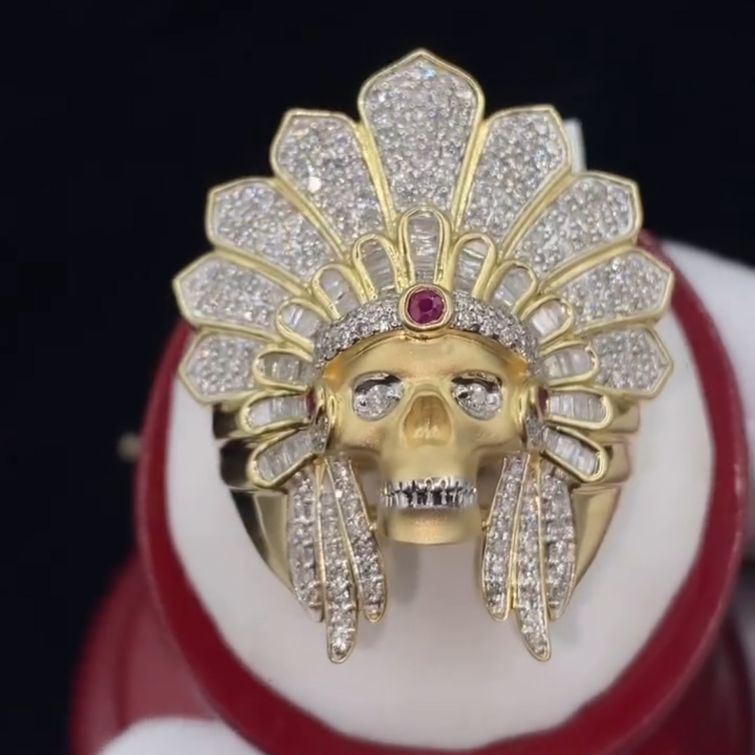 26ct Round Cut Diamond Luxury Skull Chief Design Style Sterling Silver Plated Gold Handmade Men's Ring