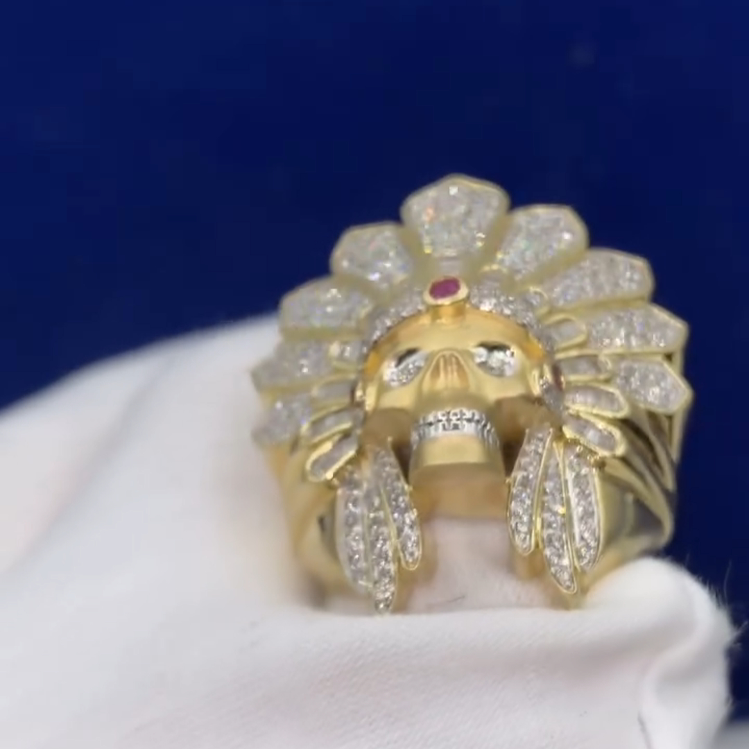 26ct Round Cut Diamond Luxury Skull Chief Design Style Sterling Silver Plated Gold Handmade Men's Ring