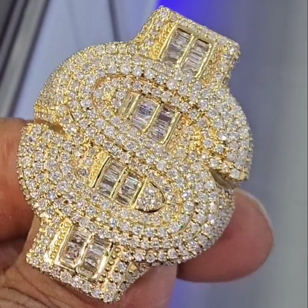 Diamond Dollar Sign Design Sterling Silver Plated Yellow Gold Handmade Ring