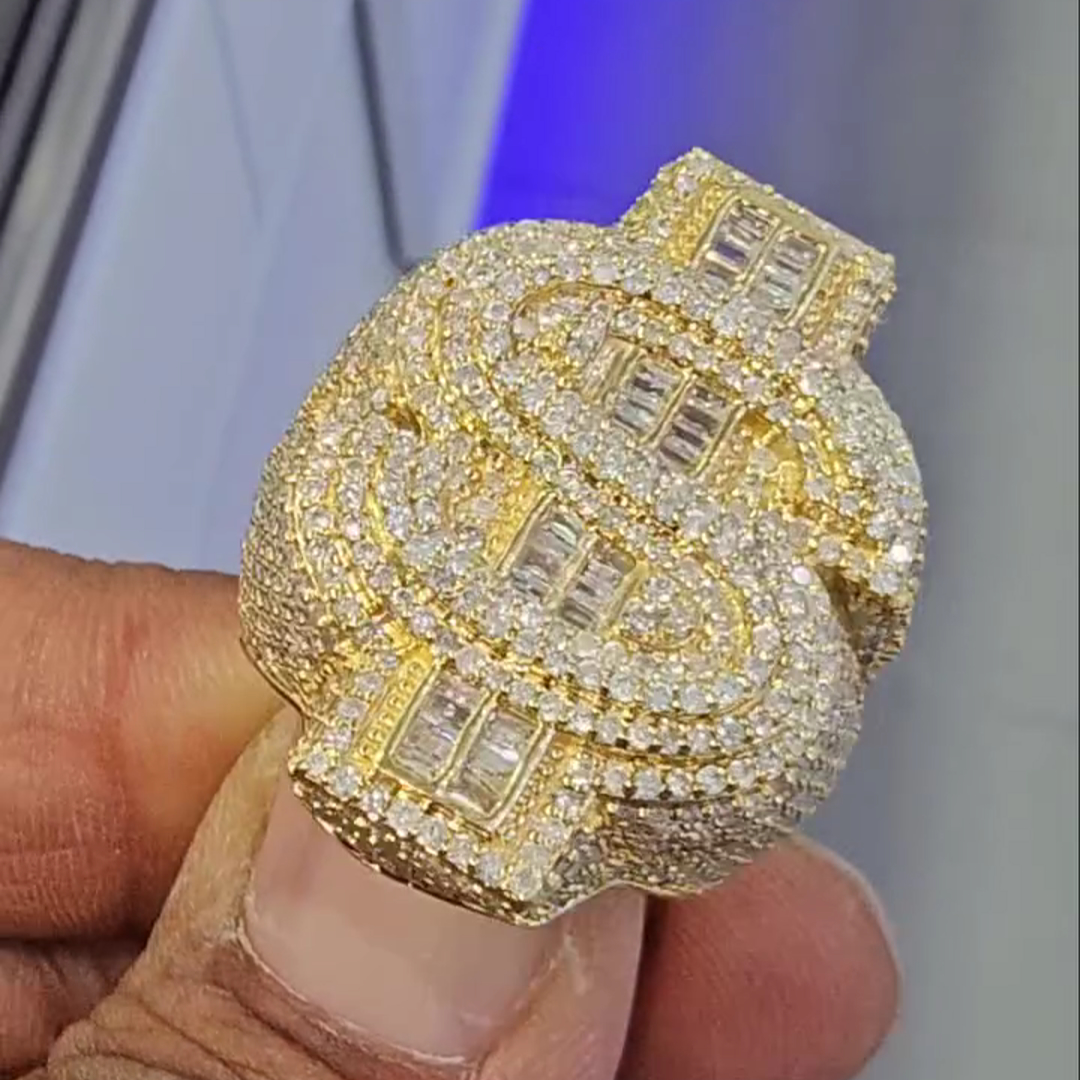 Diamond Dollar Sign Design Sterling Silver Plated Yellow Gold Handmade Ring