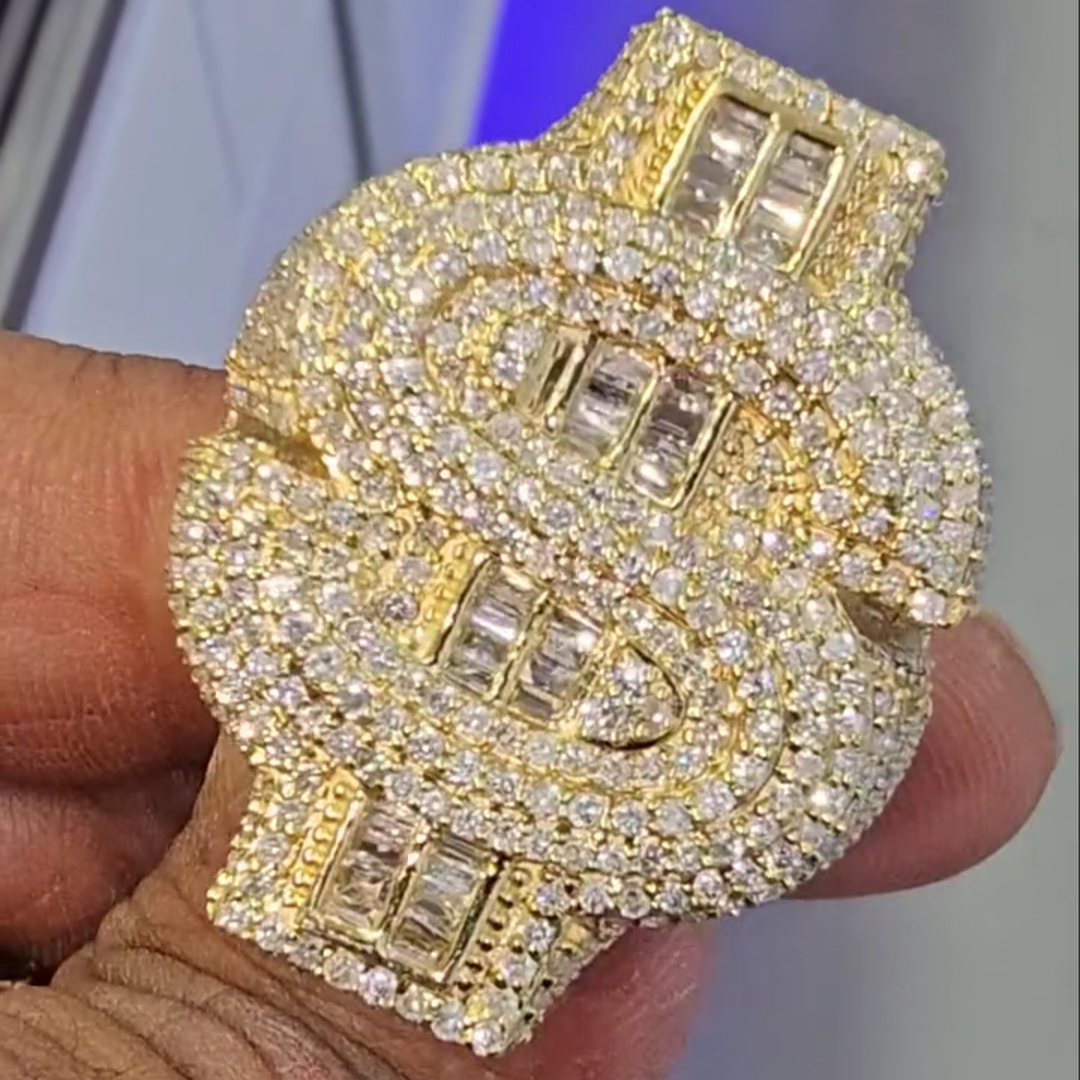 Diamond Dollar Sign Design Sterling Silver Plated Yellow Gold Handmade Ring