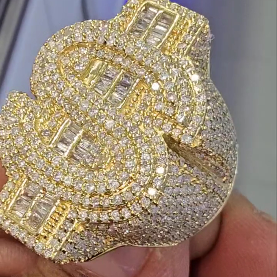 Diamond Dollar Sign Design Sterling Silver Plated Yellow Gold Handmade Ring